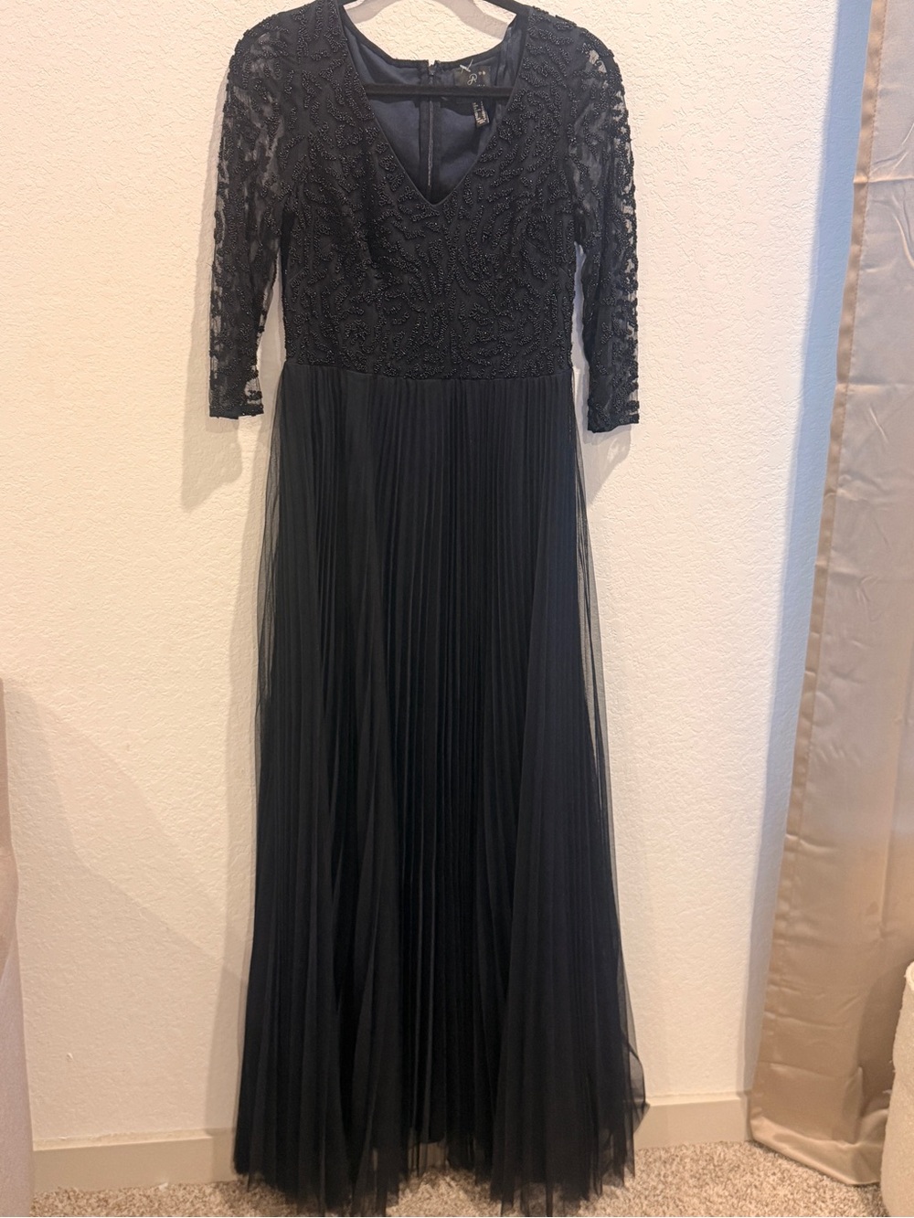 Adrianna Papell Navy Blue Lace & Pleated Maxi Dress‎